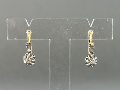 a pair of silver and gold earrings on a clear stand
