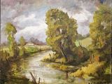an oil painting of a river with trees and a house in the distance