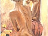 a painting of a woman sitting in front of a mirror
