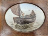 a picture of a painting of a man and a woman in a boat