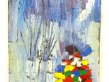 peinture représentant une peinture d'une personne tenant un parapluie sous la pluie