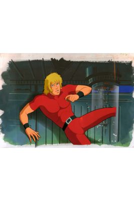 an image of a man in a red suit kicking a soccer ball