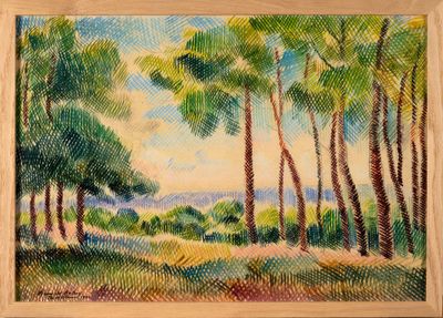 an oil painting of trees and grass in front of a blue sky