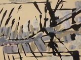 abstract painting of a tree in a field with a sky background