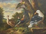 painting of a group of birds in a wooded setting by a tree