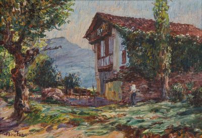 une peinture à l'huile représentant une maison sur une colline, avec des arbres au premier plan