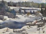 peinture représentant un paysage enneigé avec une rivière au premier plan et des arbres à l'arrière-plan