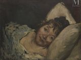 tableau représentant une femme allongée dans un lit, un oreiller sur la tête