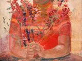 une image représentant un tableau où l'on voit une femme tenant des fleurs sur une table