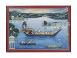 a painting of a boat full of people on the water