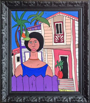 painting of a woman in a purple dress and a palm tree