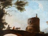 a painting of a man riding a horse across a bridge