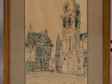 an image of a drawing of a church with a clock tower in the background