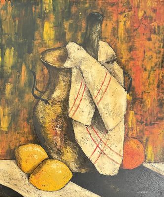 a painting of a vase and lemons on a table