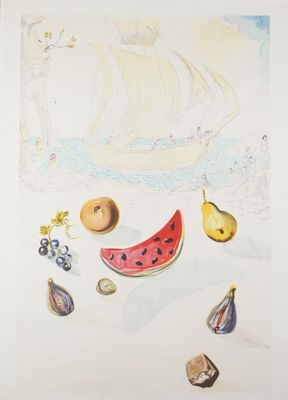 a picture of a watercolor painting of fruit and a boat