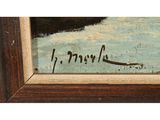 an oil painting of a river scene with a boat in the distance