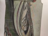 pencil drawing of a boat in the water with a person inside of it