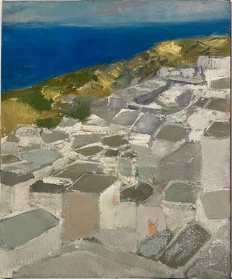 an image of a painting of a view of the ocean from a hill