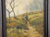an oil painting of a man walking a horse down a path
