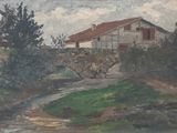 painting of a house on a hill with a stream in the foreground
