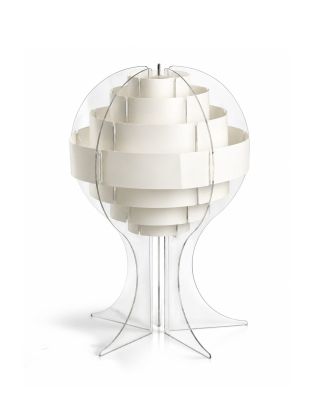 une photo d'une lampe de table blanche avec un pied transparent