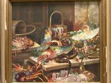 un tableau représentant des homards et d'autres mets sur une table