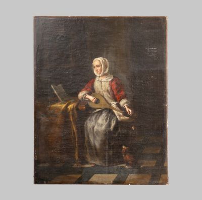 an old painting of a woman playing a lute and a dog