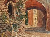 tableau représentant une ruelle avec une porte et des marches menant à un immeuble