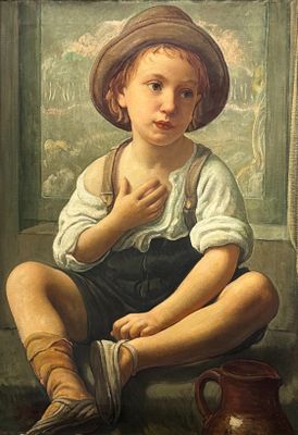 painting of a young boy sitting on a window sill with a hat on