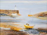 a painting of a yellow boat in the water