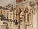 a painting of people walking down the street in the rain