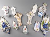 many different types of shoes and vases on the wall