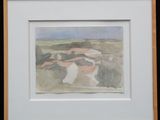 aquarelle encadrée représentant un paysage traversé par une rivière