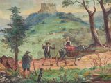 a painting of a man riding a horse and a woman riding a horse