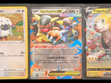 three pokemon cards are shown in a row on a black background