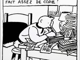 un dessin de bande dessinée représentant un homme assis à un bureau