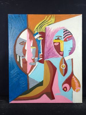 tableau représentant une femme tenant un oiseau dans la main et une autre femme tenant un poisson dans la main