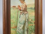 two framed paintings of a woman in a field with a bird