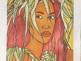 a painting of a woman with pink hair and green leaves on her head