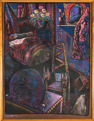 painting of a dog in a bedroom with a bed and a chair