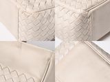 three pieces of white leather with a woven design on top of them
