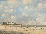 une peinture de personnes sur la plage au bord de l'eau