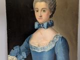 painting of a woman in a blue dress with a blue bow tie