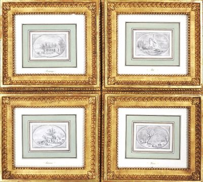 quatre tableaux représentant une scène de vie à la ferme, dans un cadre doré