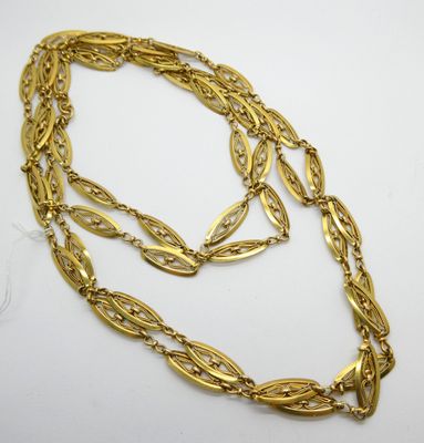 un collier en or composé d'une longue chaîne ornée d'un motif de feuilles