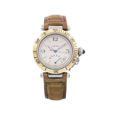 an image of a wrist watch with a white dial and brown leather strap