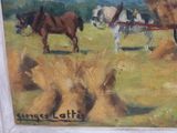 a painting of horses pulling a wagon full of hay