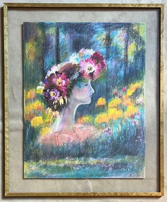 an oil painting of a woman with flowers in her hair