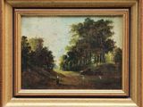 une peinture à l'huile représentant un paysage boisé avec une personne marchant sur un sentier