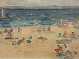 une peinture de personnes sur la plage au bord de l'eau